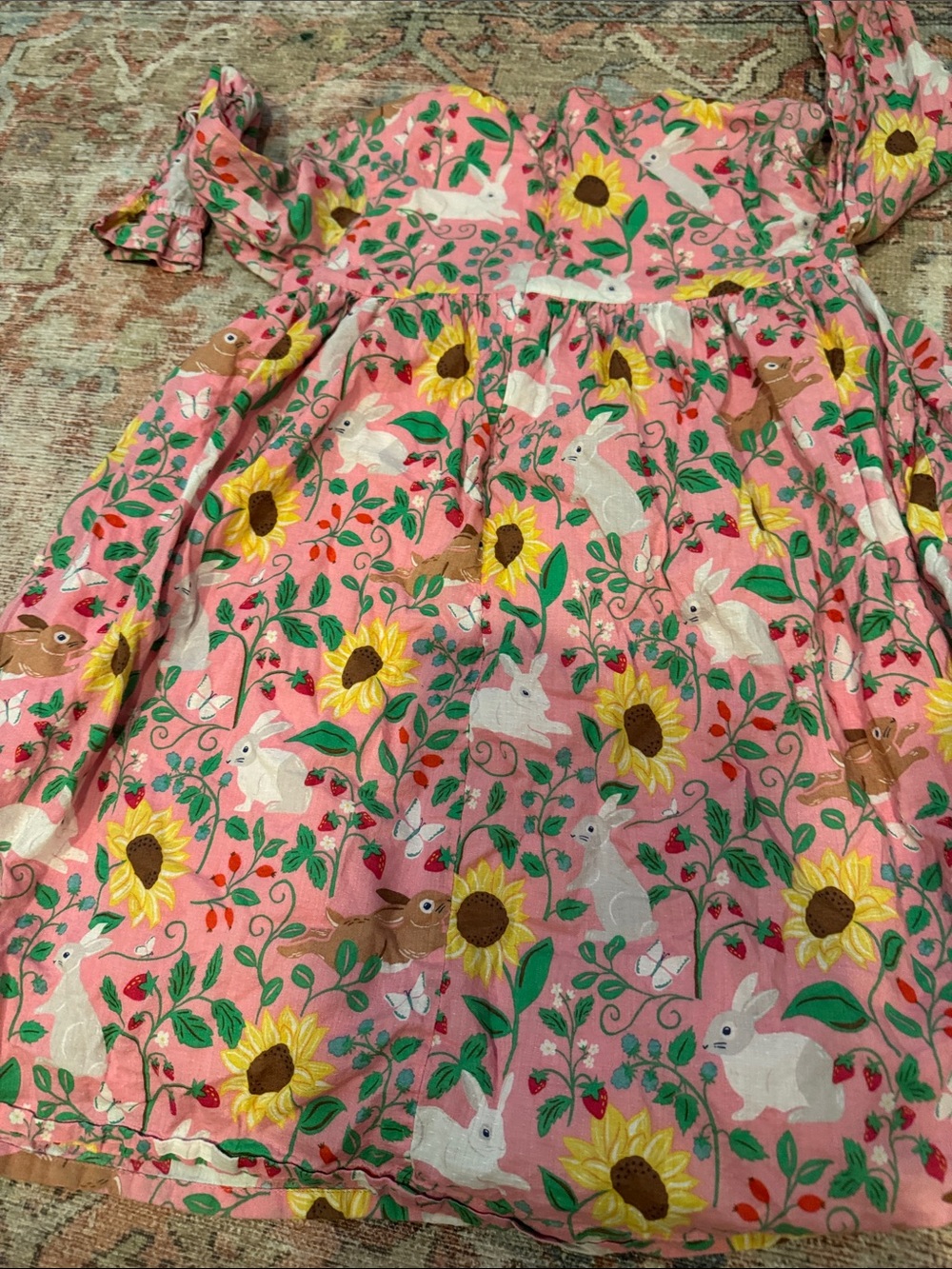 Mini Boden Girls Pink Floral Sunflower Dress + Multicolor Stripe Button Dress - Picture 6 of 7